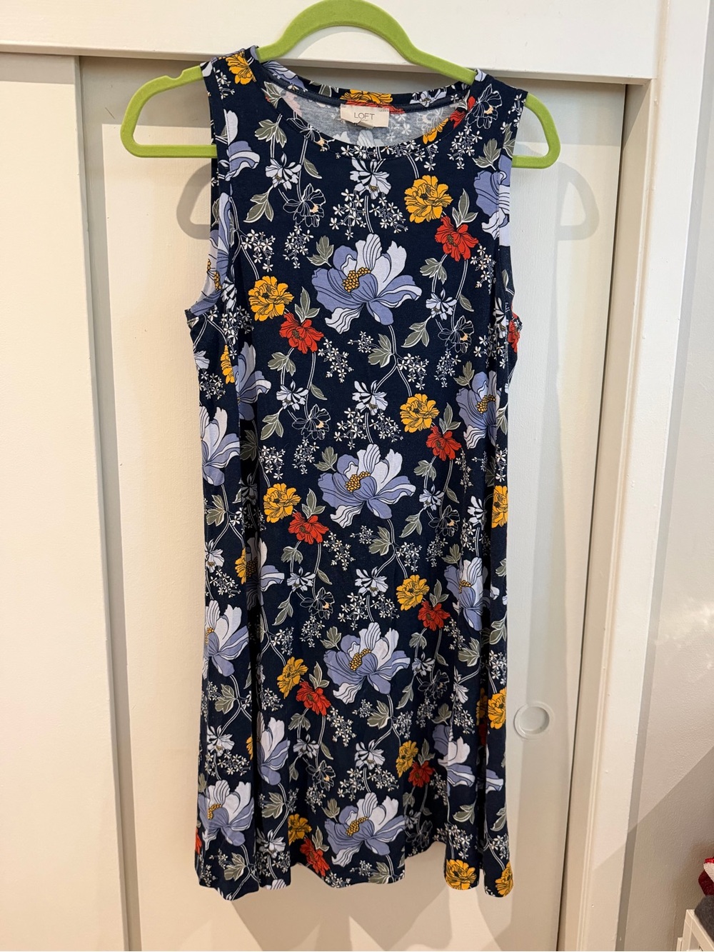 LOFT Navy Floral Sleeveless Shift Dress with Multicolor Blooms